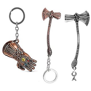                       Electro Cloud Thanos Gauntlet Key Chain Metal Keychain with thor silver and copper color axe (Set of 3 key ring)                                              