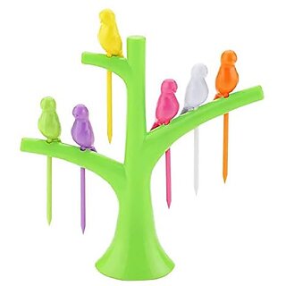                       Electro Cloud Bird Fork Plastic Fruit Fork Set with Stand 6-Pieces Multicolour                                              