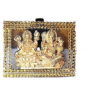                       Electro Cloud Laxmi Ganesh Diwali Pujan Statue Idol Shopiece Handmade of Crystal Glass for Worship Decoration Car Dashboard Gift with back Stand (Golden and Silver Color) (Golden)                                              