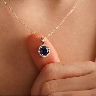 Radiant Blue Stone With American Diamond Halo Pendant For Women Classic and Sparkling Radiant Blue Stone With American Diamond Halo Pendant For Women Classic and Sparkling