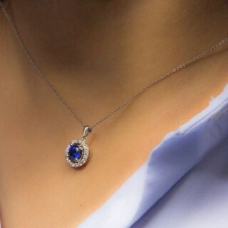 Radiant Blue Stone With American Diamond Halo Pendant For Women Classic and Sparkling Radiant Blue Stone With American Diamond Halo Pendant For Women Classic and Sparkling