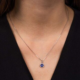                      Radiant Blue Stone With American Diamond Halo Pendant For Women Classic and Sparkling                                              