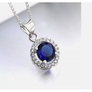 Radiant Blue Stone With American Diamond Halo Pendant For Women Classic and Sparkling Radiant Blue Stone With American Diamond Halo Pendant For Women Classic and Sparkling