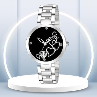                       New Collection Latest Designer Round Black Dial Chrome Plated Premium Quality Analog Watch For Women                                              