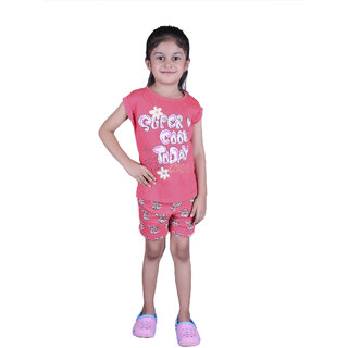                       Kid Kupboard Cotton Girls T-Shirt and Short Set, Pink, Half-Sleeves, 7-8 Years KIDS6946                                              