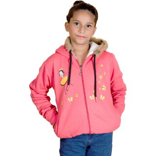                       Kids' Pink Winter Hoodie with Fur Collar and Cute Cartoon Patch - Warm  Stylish                                              