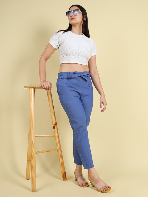 Granth Fashion Solid Cigarette Pant With 2 Pockets And Laces (Dark Blue)