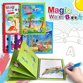 Magic Water Book Animal, Dino and Aqua Theme Unlimited Fun with Drawing Reusable Water Coloring Book Nib Sketch Pens (Set of 4, Multicolor)