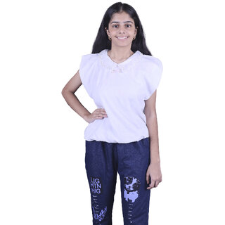                       Kid Kupboard Cotton Girls Top, Light White, Half-Sleeves, 13-14 Years KIDS7059                                              