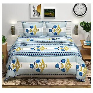                       BEDZY Classic Collection Cotton Blend 140 TC Flat Double Bedsheets with 2 Pillow Covers  Double Bed Breathable BEDZY  Wrinklefree  90 x 100  228x254 cm  Blue Rose                                              