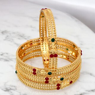                       18k One Gram Gold Plated Traditional Designer Pack of 4 Bangle Set For Women                                              
