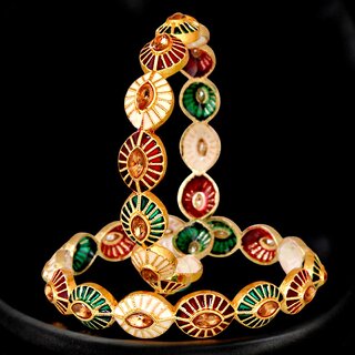                       18k One Gram Gold Plated Traditional Designer Pack of 2 Bangle Set For Women                                              