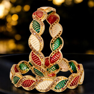                       18k One Gram Gold Plated Traditional Designer Pack of 2 Bangle Set For Women                                              