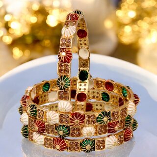                       18k One Gram Gold Plated Traditional Designer Pack of 4 Bangle Set For Women                                              