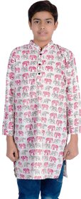 Kids' Cotton Kurta with Elephant Print Pattern, White with Pink and Grey Design