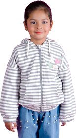 Girls' Striped Zip-Up Hoodie, Grey and White, 100 Cotton