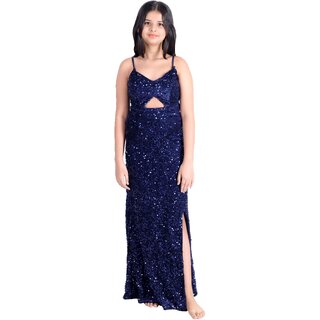 Elegant Navy Blue Sequined Evening Gown with Front Cutout and Side Slit Elegant Navy Blue Sequined Evening Gown with Front Cutout and Side Slit