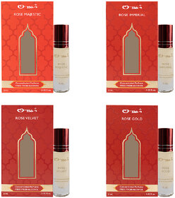 Rose Gold, Imperial, Velvet, Majestic 6ml Each Unisex Concentrated Perfume Alcohol Free Roll On Attar Combo Pack of 4