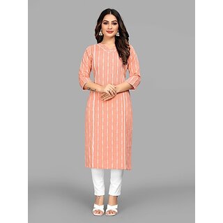                       Parnavi Women Striped Pure Cotton Straight Kurta (Orange)                                              