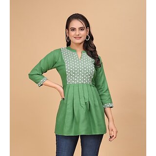                       Parnavi Casual Regular Sleeves Embroidered Women Green Top                                              