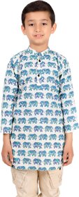 Wild and Cool Elephant Printed Kurta in Blue and White for Boys