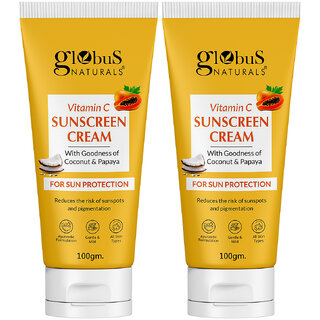 Globus Naturals Vitamin C Sunscreen Cream with Goodness of Coconut  Papaya For Sun Protection All Skin Types 100gm Set of 2