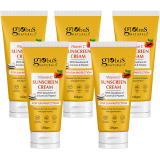 Globus Naturals Vitamin C Sunscreen Cream with Goodness of Coconut Papaya For Sun Protection All Skin Types 100gm Set of 5 Globus Naturals Vitamin C Sunscreen Cream with Goodness of Coconut Papaya For Sun Protection All Skin Types 100gm Set of 5