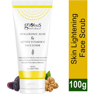Globus Naturals Hyaluronic Acid  Vitamin C Anti Ageing Face Scrub, Enriched with Walnut  Mulberry, Skin Lightening  Brightening Formula, Reduces Dark Spots, Suitable for All Skin Types, 100 gm