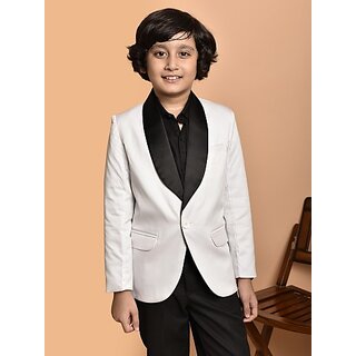                       PRINT CULTR Boys Solid Single Breasted Party Blazer (White)                                              