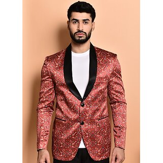 PrintCultr Printed Mandarin Festive & Wedding Men Blazer (Maroon)