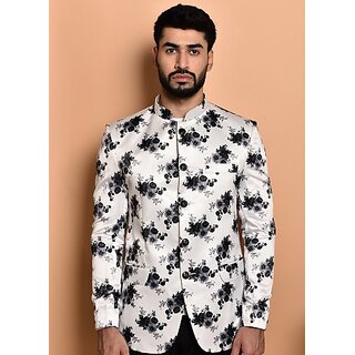                       PrintCultr Printed Mandarin Festive & Wedding Men Blazer (White)                                              