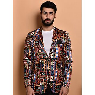                       PrintCultr Printed Mandarin Festive & Wedding Men Blazer (Multicolor)                                              
