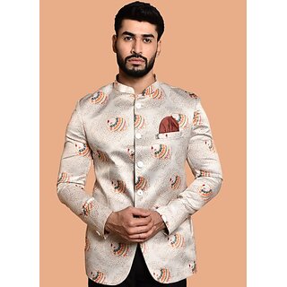                       PrintCultr Printed Mandarin Festive & Wedding Men Blazer (Beige)                                              