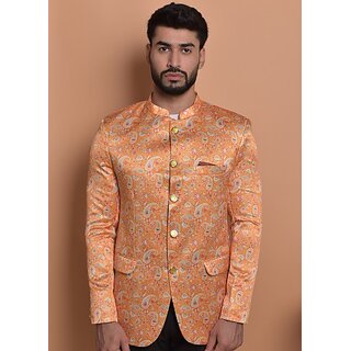                       Print Cultr Printed Mandarin Festive & Wedding Men Blazer (Orange)                                              