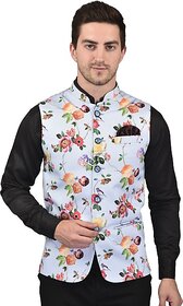 PrintCulture Men Self Design Light Blue Cotton Blend Nehru Jacket