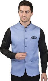 PrintCulture Men Self Design Blue Cotton Blend Nehru Jacket