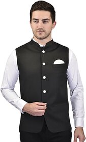 PrintCulture Men Solid Black Cotton Blend Nehru Jacket