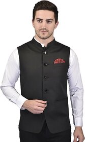 PrintCulture Men Solid Black Cotton Blend Nehru Jacket