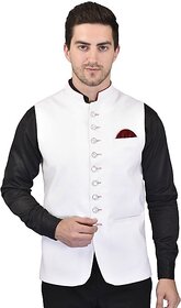 PrintCulture Men Solid White Cotton Blend Nehru Jacket