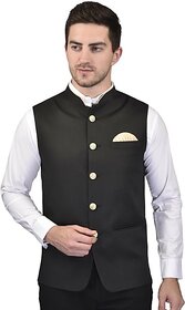 PrintCulture Men Solid Black Cotton Blend Nehru Jacket