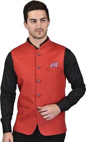 PrintCulture Men Solid Red Cotton Blend Nehru Jacket