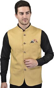 PrintCulture Men Self Design Yellow Cotton Blend Nehru Jacket