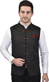 PrintCulture Men Solid Black Cotton Blend Nehru Jacket