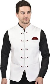 PrintCulture Men Solid White Cotton Blend Nehru Jacket