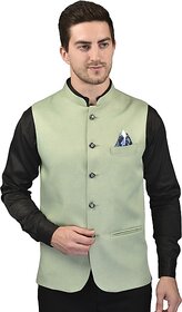 PrintCulture Men Solid Green Cotton Blend Nehru Jacket