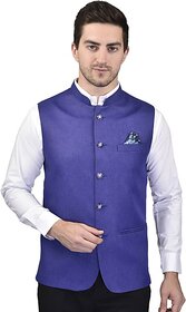 PrintCulture Men Self Design Blue Cotton Blend Nehru Jacket