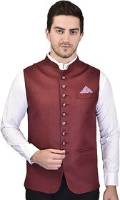 PrintCulture Men Self Design Brown Cotton Blend Nehru Jacket