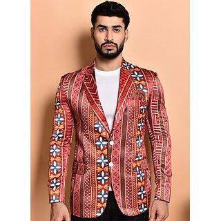                       PrintCultr Printed Mandarin Festive & Wedding Men Blazer (Red)                                              