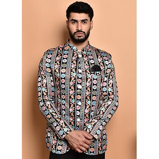                       PrintCultr Printed Mandarin Festive & Wedding Men Blazer (Black)                                              