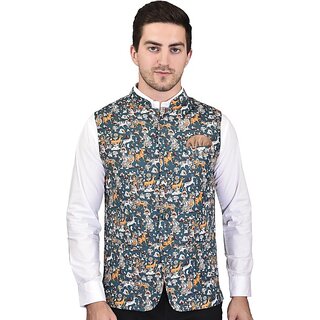                       PrintCulture Men Printed Multicolor Cotton Blend Nehru Jacket                                              